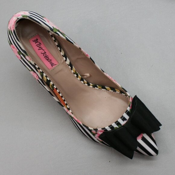 Betsey Johnson Ladies 9 Bret Roses Floral Stripes Ribbon Bow Heels Shoes Pumps - Picture 7 of 12